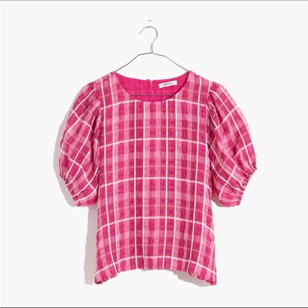 Madewell pink plaid puff sleeve blouse